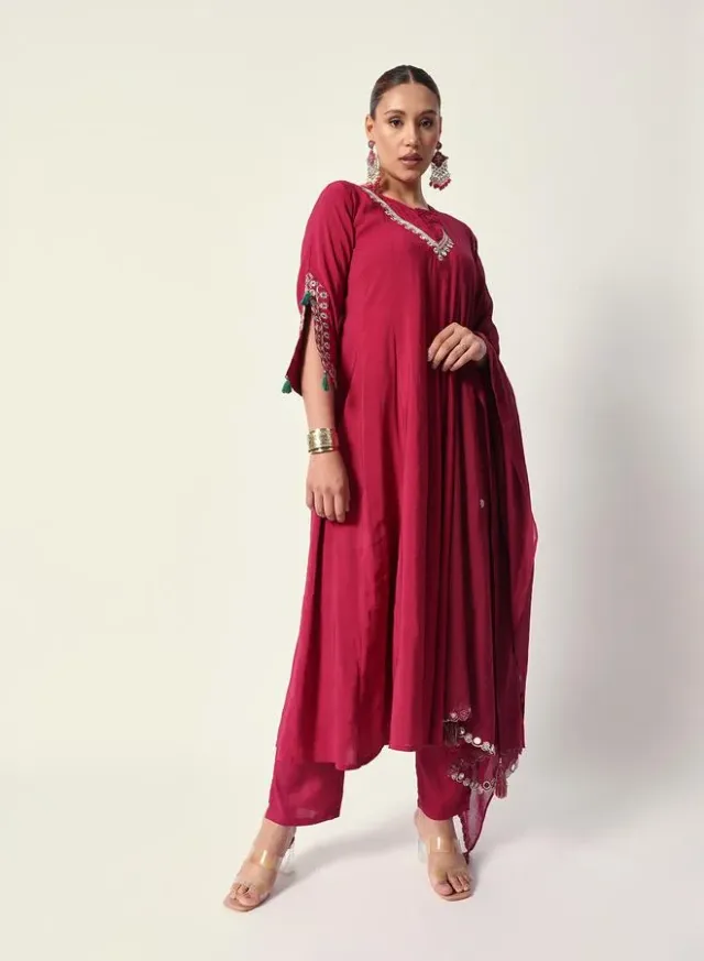 Women's Maroon Silk Embroidered Kurta with Palazzo Set – image 5