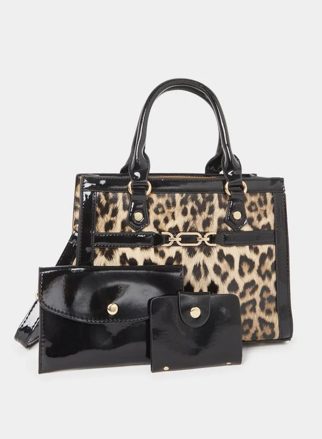 Styli Leopard Print Handbag with Purse Set Black