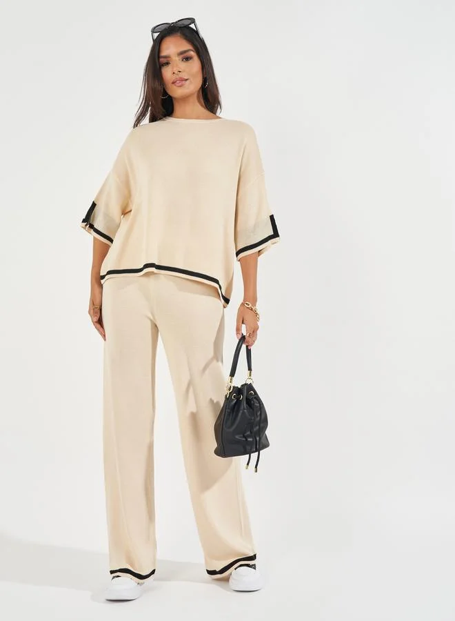 Styli Contrast Trim Wide Leg Knit Pants Beige