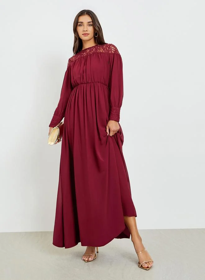 Women's Long Sleeve A-Line Maxi Dress Burgundy