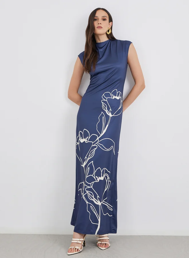 Styli Floral Print Sleeveless Bodycon Maxi Dress Deep Blue