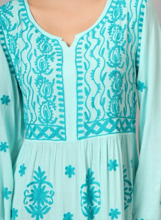 Turquoise Cotton Embroidered Jalabiya for Women - Plus Size – image 5