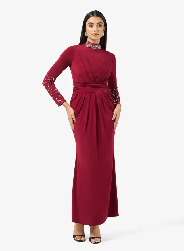 Burgundy Maxi Fit & Flare Dress with Embellished High Neck – image 4