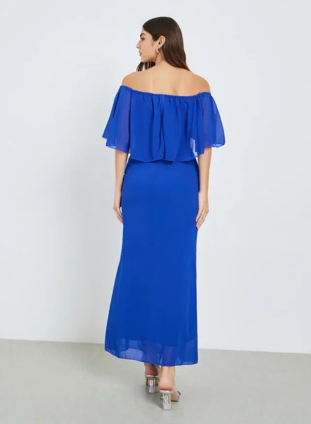 Off-Shoulder Sheath Maxi Dress Blue – image 4