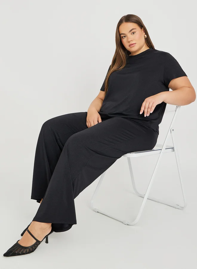 Plus Size Asymmetric T-Shirt & Wide Leg Trousers Set Black