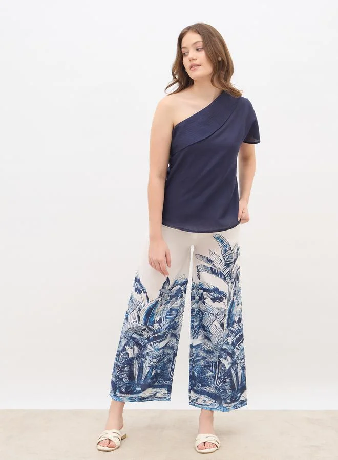 One-Shoulder Top & Printed Wide Leg Pants Co-ord Blue