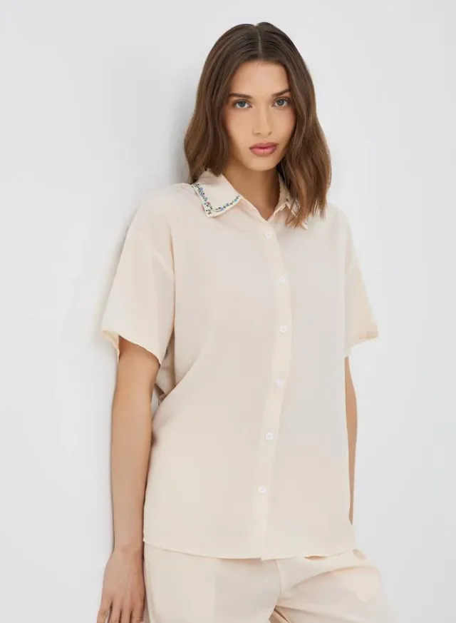 Beige Floral Embroidered Shirt and Pants Co-Ord Set – image 3