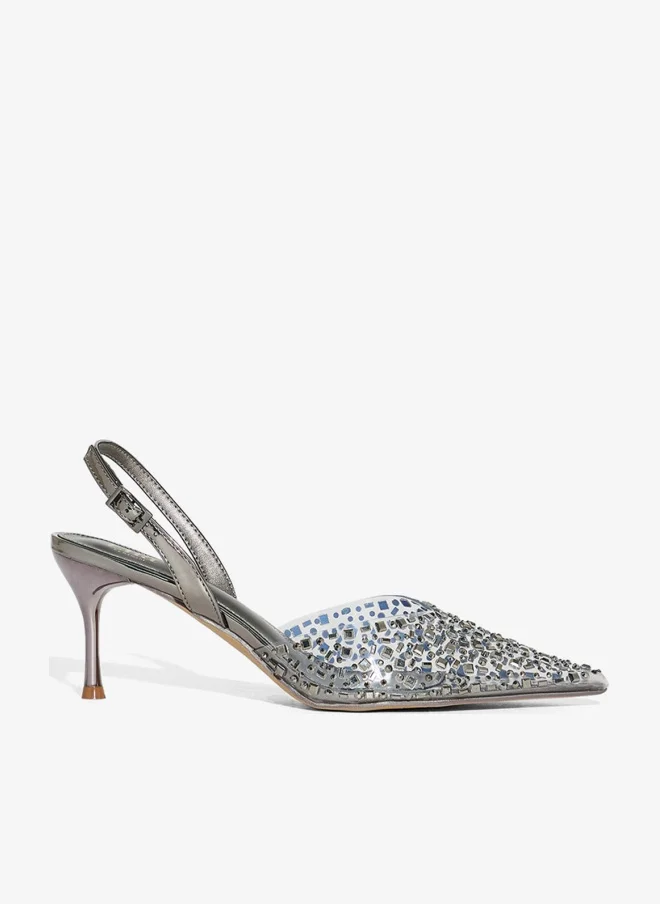 Diamante Clear Pointy Slingback Pump Silver