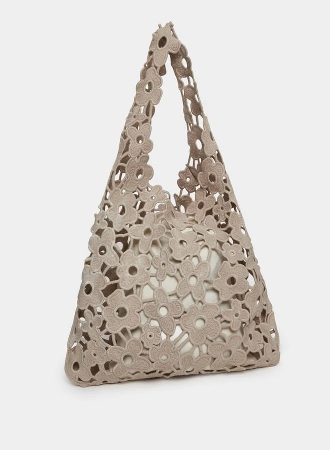 Beige Floral Crochet Tote Bag