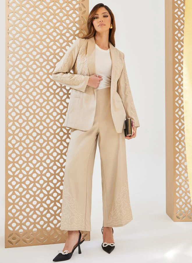 Embroidered Tailored Wide Leg Pants