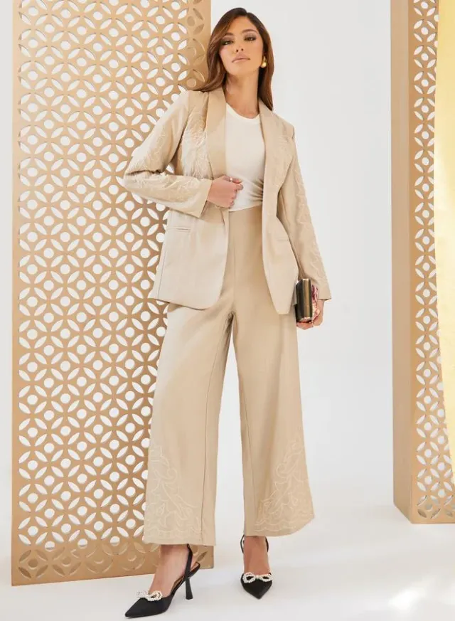 Embroidered Tailored Wide Leg Pants