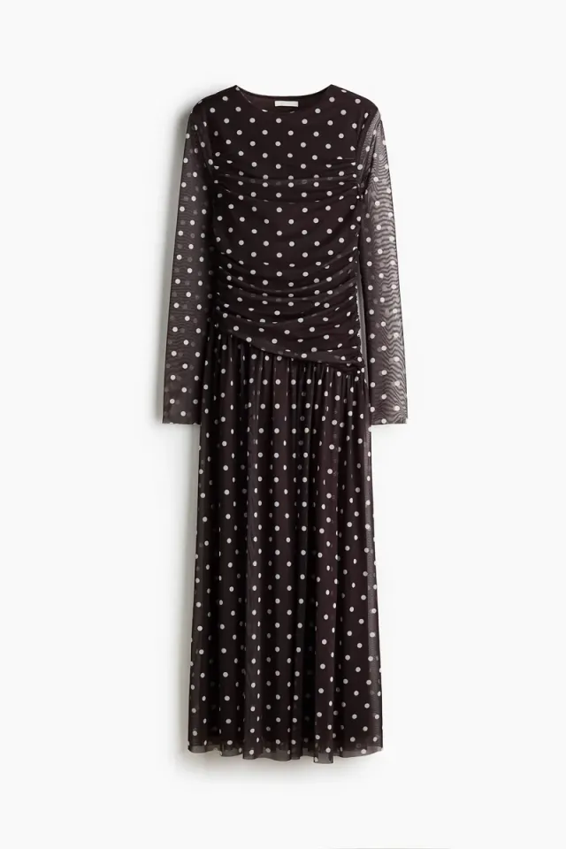 Brown Printed Fit & Flare Long-Sleeve Mesh Midi Dress – image 6