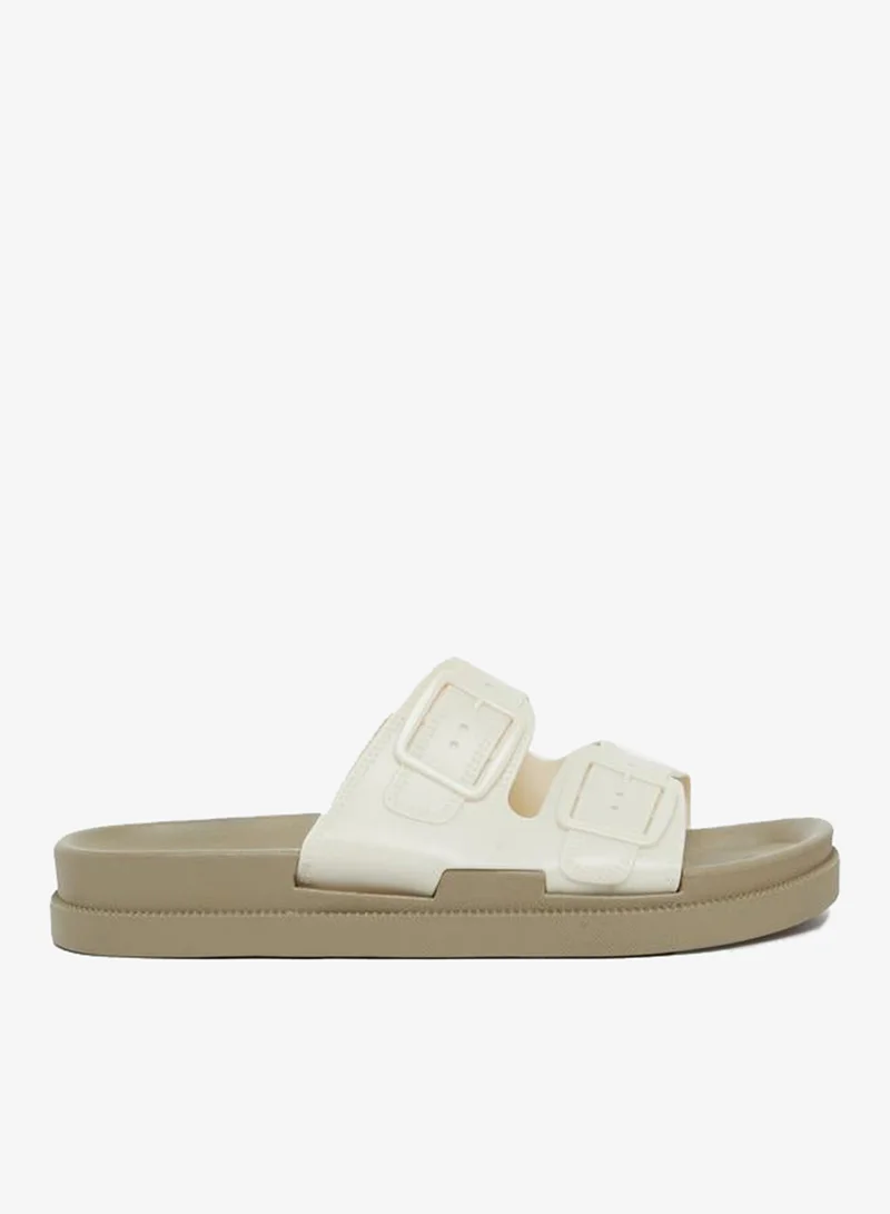 Buckle Detail Slides Beige