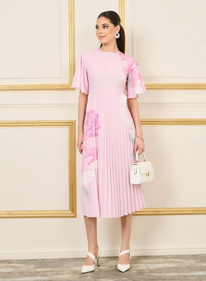 Floral Pleated Midi Dress Pink