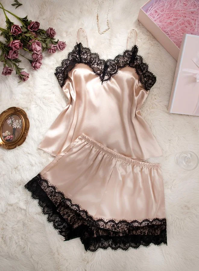 Plus Size Lace Trim Cami and Shorts Set Beige