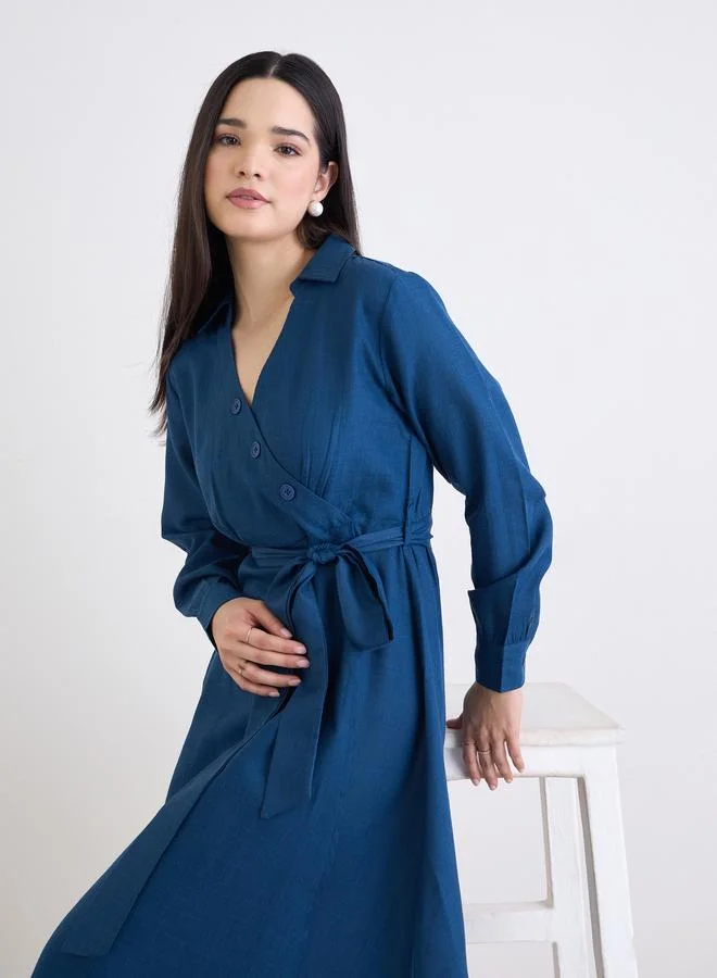 Styli Dobby Ruched A-Line Dress Deep Blue