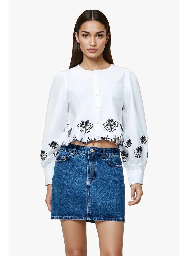 Cambria Embroidered Cotton Long Sleeve Shirt White