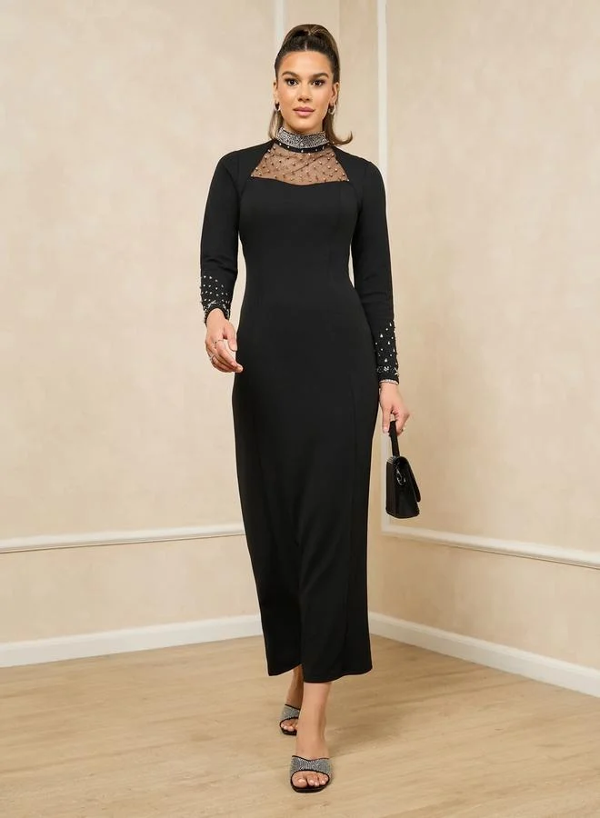 Embellished Neckline Column Dress Black