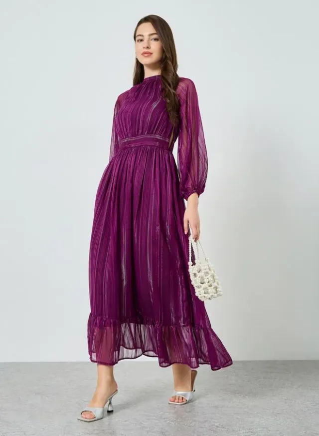 Textured Long Sleeve A-Line Maxi Dress Purple – image 2