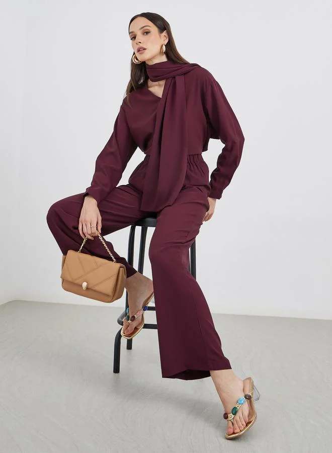 Styli V-Neck Top and Pants Co-ord Set with Scarf Burgundy