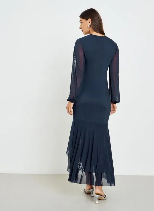 Navy Blue Polyester Maxi Dress with Long Bishop Sleeves – image 4