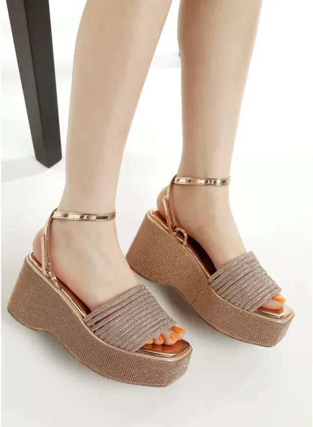Rhinestone Lace-Up Sandals Rose Gold – image 3