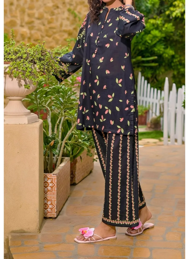 Pakistani Floral Cotton Co-ord Set Black