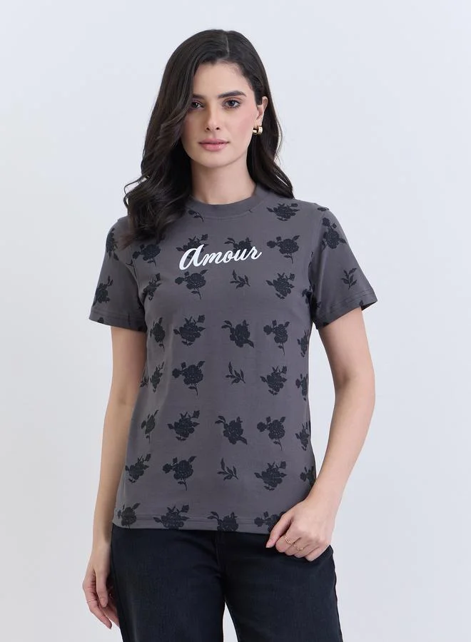 Women's Floral Graphic Cotton T-Shirt Charcoal