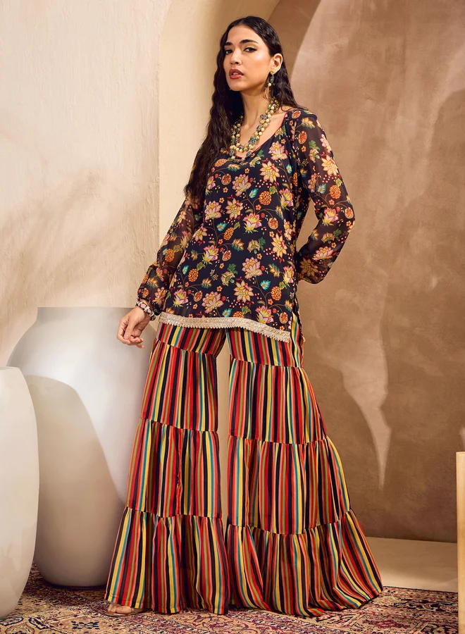 Floral Print Kurta and Tiered Sharara Set Charcoal