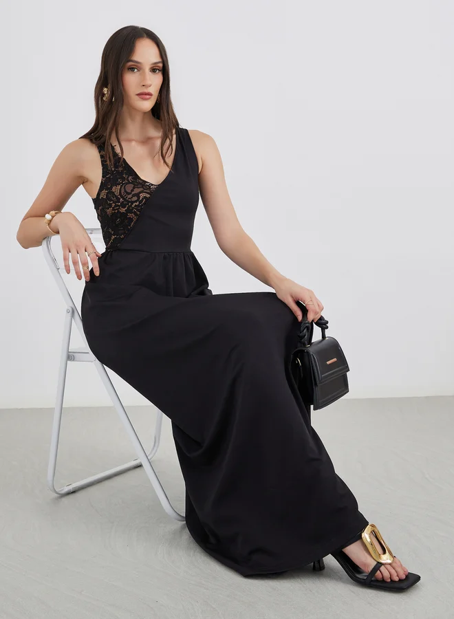 Lace Sleeveless A-Line Maxi Dress Black