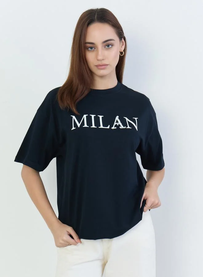 Oversized Slogan Print T-Shirt Black
