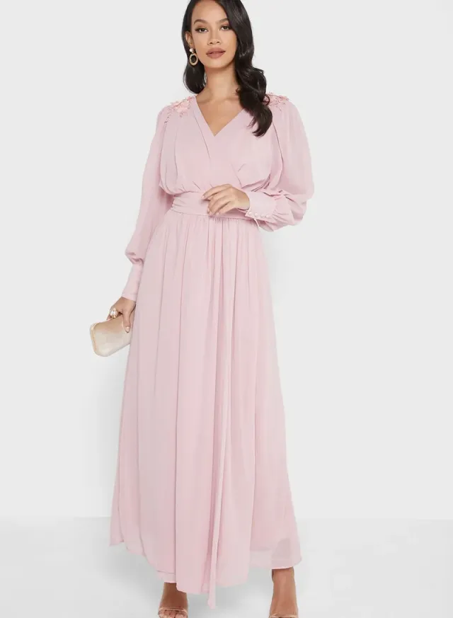 Dusty Pink V-Neck Maxi Dress with Balloon Sleeves and Belted Waist – image 4