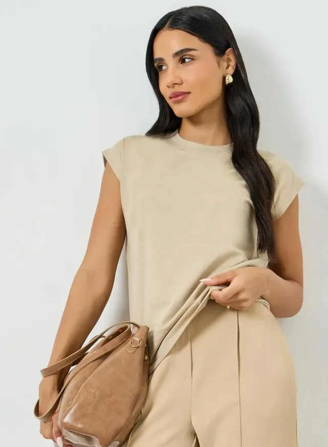 Cotton Cap Sleeve T-Shirt Beige