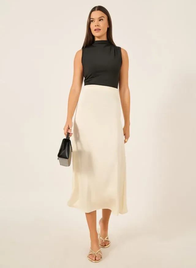 Satin Flared Maxi Skirt Off White