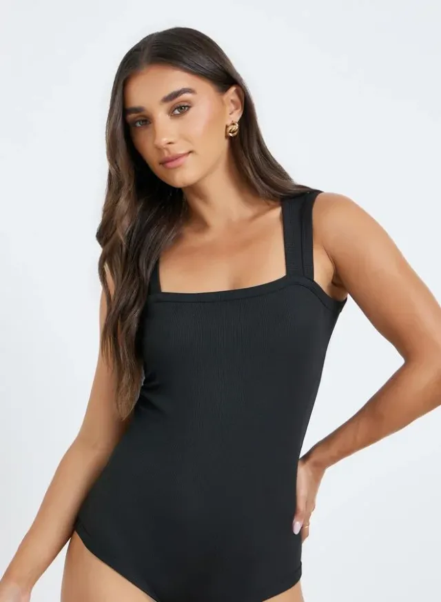 Women's Square Neck Sleeveless Fitted Bodysuit - Black – image 6
