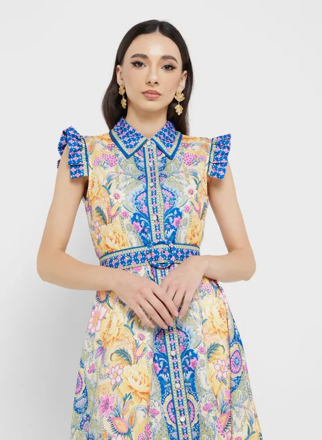 Floral Print Midi Shirt Dress with Ruffled Cap Sleeves – image 3