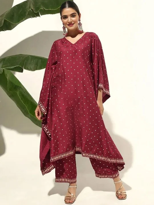 Women's Embellished Kaftan Kurta & Palazzo Set Burgundy