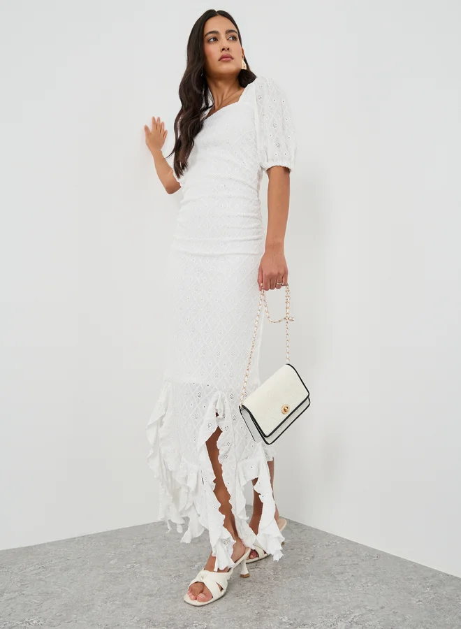 Ruffled Hem Midi Dress White