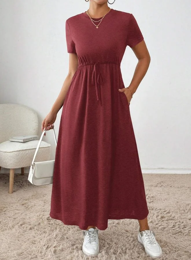 Short Sleeve A-Line Midi Dress Burgundy