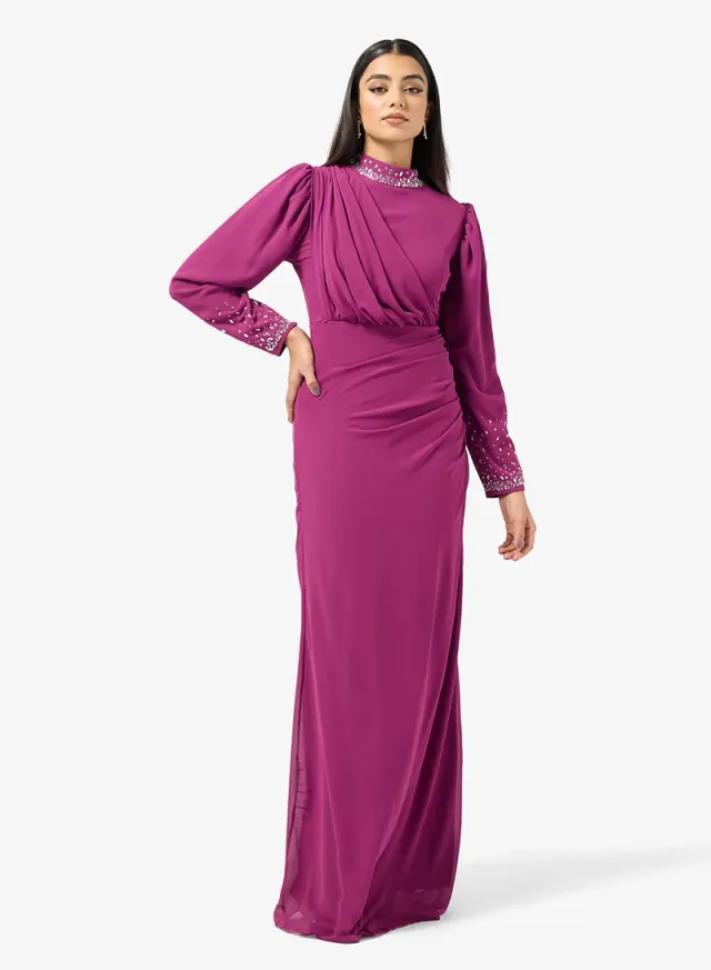 Magenta Maxi Fit & Flare Dress with Embellished High Neck – image 4