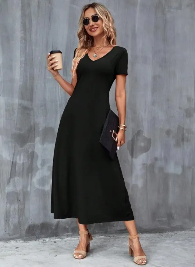 Short Sleeve A-Line Midi Dress Black – image 5