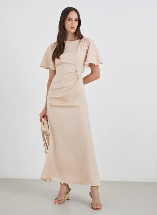 Satin Gathered A-Line Maxi Dress