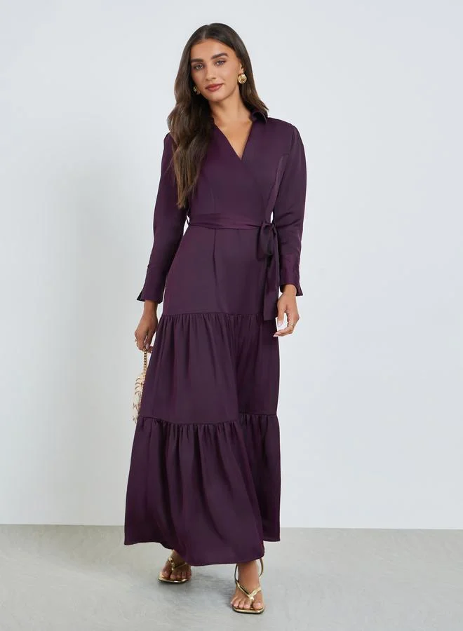 Tiered Tie-Belt Maxi Dress Deep Purple