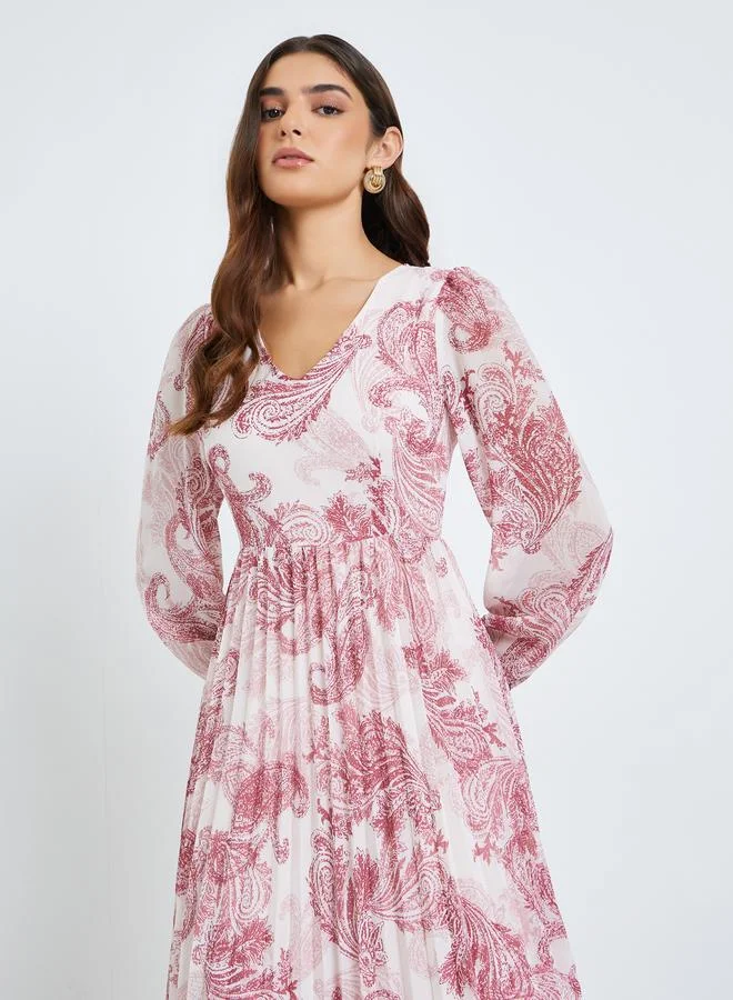 Printed Balloon Sleeve A-Line Maxi Dress Pink