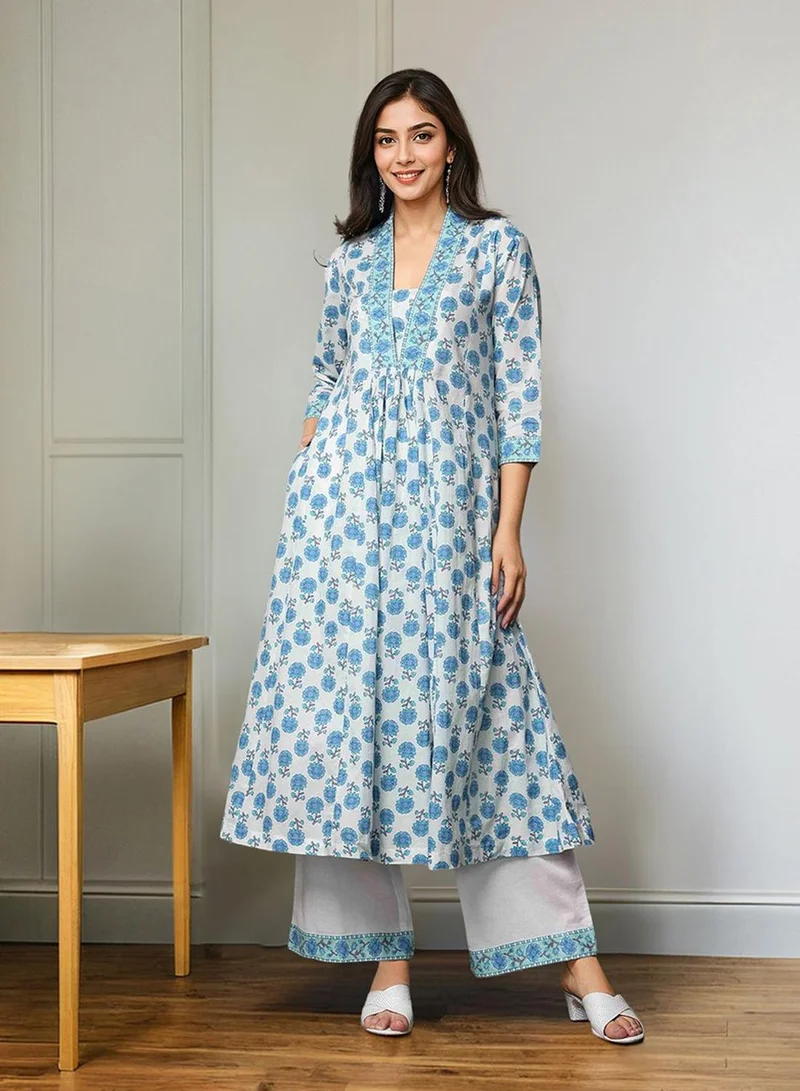 Women's Embellished Cotton Kurta Palazzo Set White