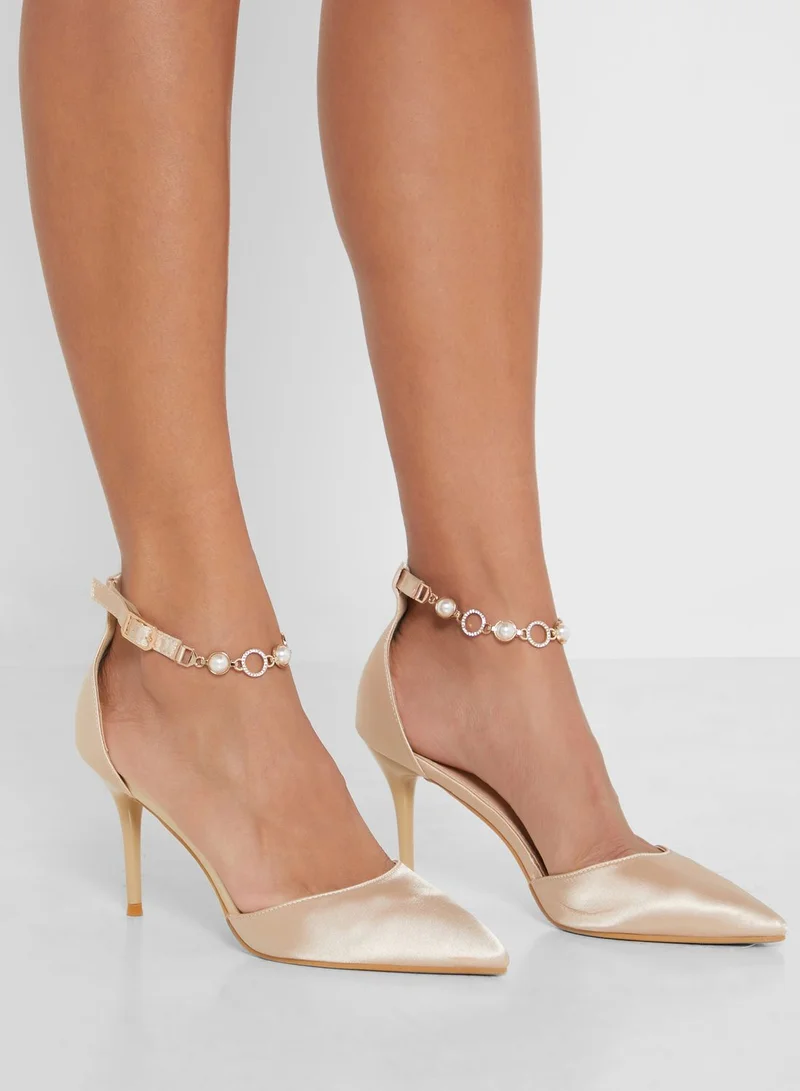 Pearl and Diamante Ankle Strap Pointed Pumps Pale Beige
