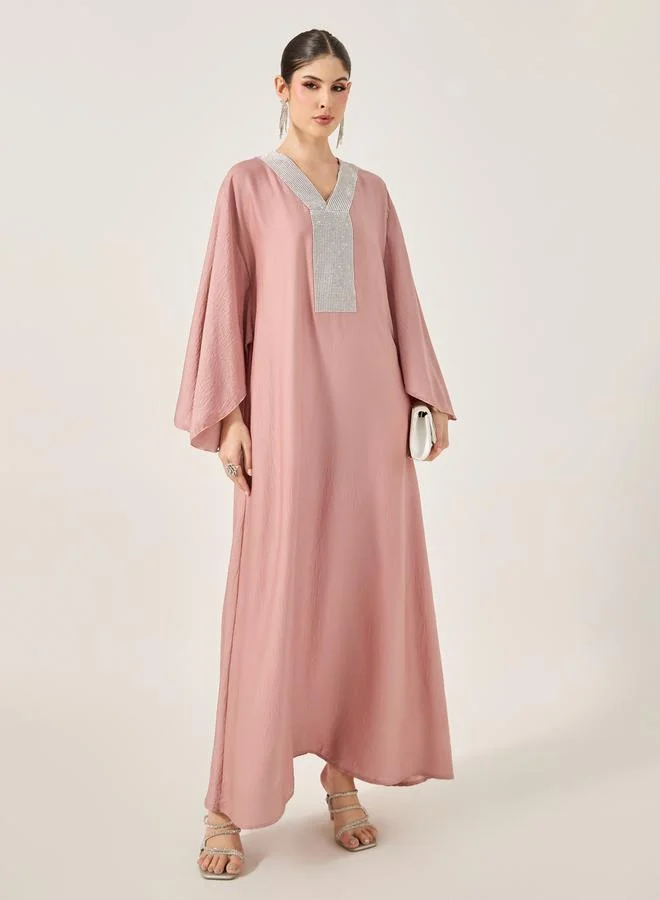 Embellished Satin Angel Sleeve V-Neck Jalabiya Pastel Pink