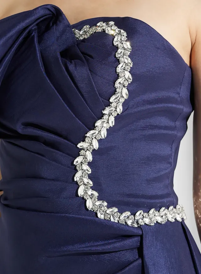 Navy Blue Maxi Fit & Flare Off-Shoulder Embellished Evening Dress – image 4