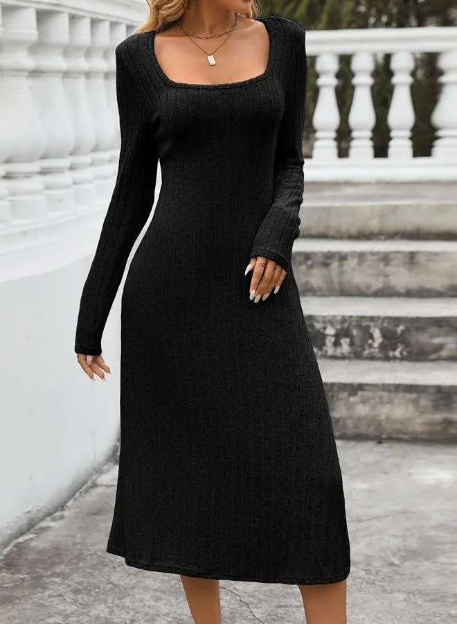 Women Square Neck Midi Dress Black