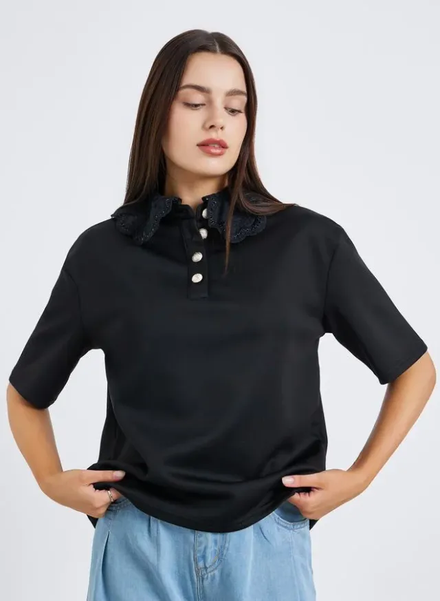 Women's Lace Collar Polo T-Shirt Black